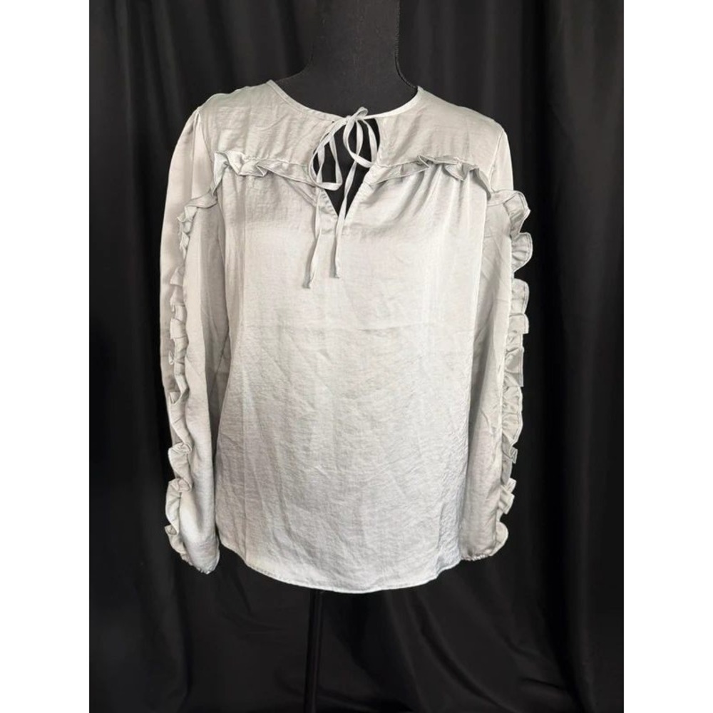 LOFT Women's XS Gray Ruffle Sleeve Tie Neck Keyhole Mixed Media Blouse Top